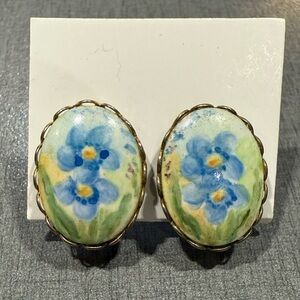 Vintage Hand Painted Porcelain Floral Oval Clip-On Screw Back Earrings
